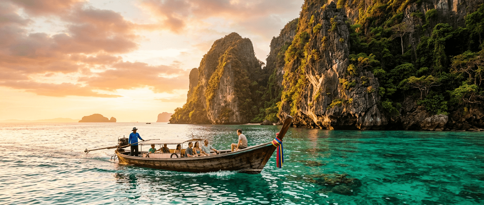 A traditional boat on turquoise water beside limestone cliffs